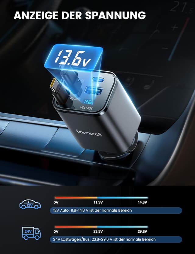 Detalle 2 de Lamicall 4-in-1 Zigarettenanzünder USB-C Auto-Ladegerät (69W) mit einziehbarem Kabel und Spannungsanzeige