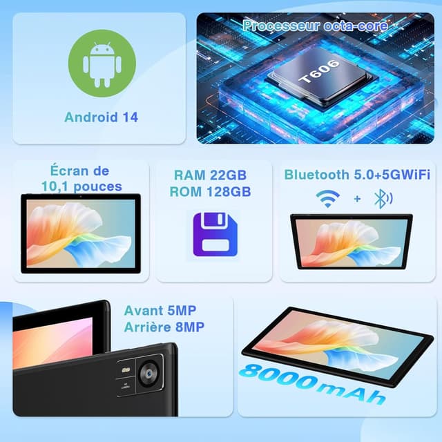 Detalle 2 de Tablette 10 pouces Android 2026 SUAAT S10 Octa Core 5G + Wi-Fi 2,4G, 22 Go RAM + 128 Go ROM (ext. TF), FHD, étui + clavier et souris – Noir