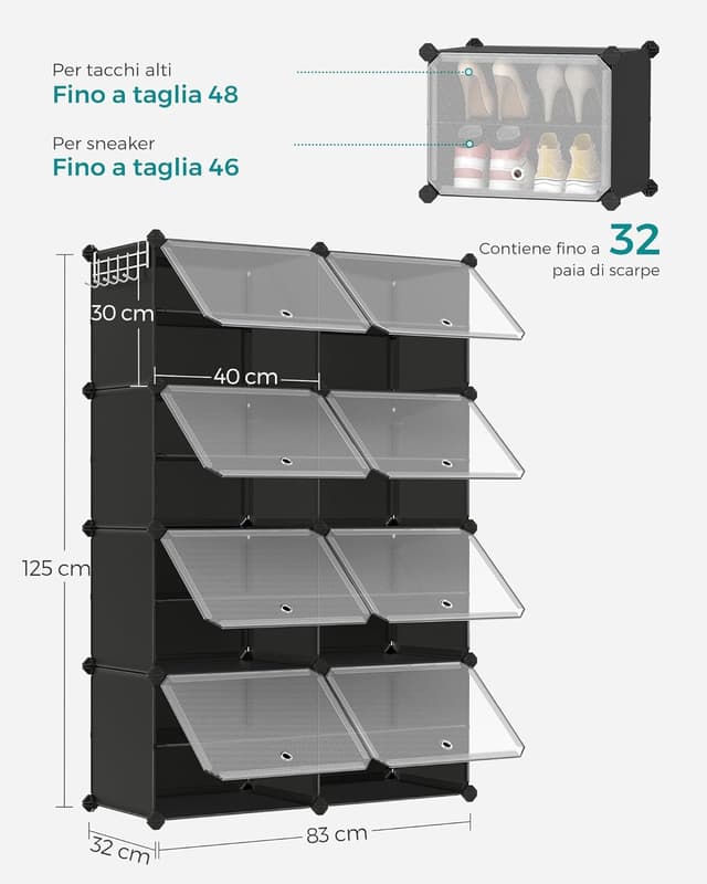 Thumbnail 2 de SONGMICS LPC034B01 scarpiera modulare a 8 scomparti per 32 paia, con sportelli e telaio in acciaio