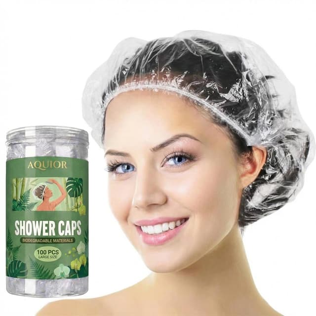 Detalle de Aquior Disposable Shower Cap (100 Pack) — Thick Clear Waterproof Bath Caps with Elastic
