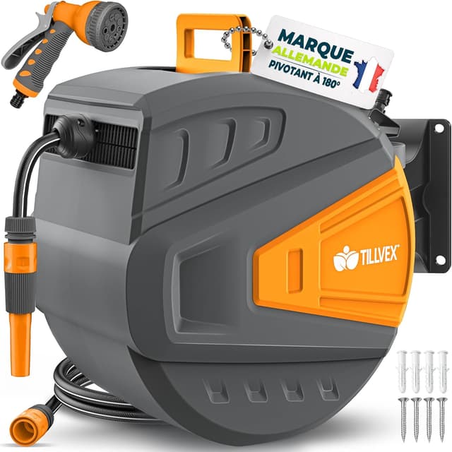 Detalle de Tillvex enrouleur de tuyau mural 20+2 m avec pistolet 9 jets, pivotant à 180° (anthracite/orange)