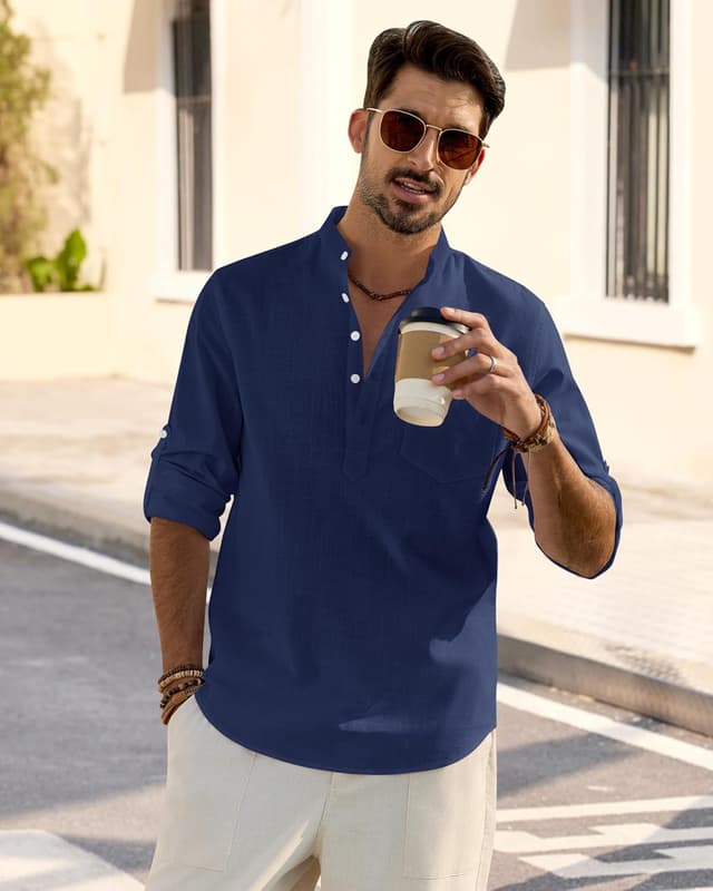 Detalle de J.VER Linen Shirts for Men Long Sleeve Regular Fit Casual Henley Shirt with Pocket