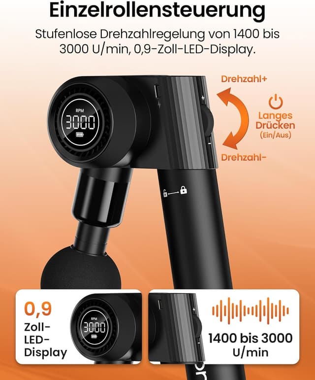 Detalle de Napre faltbare Massagepistole mit Verlängerungsgriff, 32 Geschwindigkeiten & 6 Aufsätzen