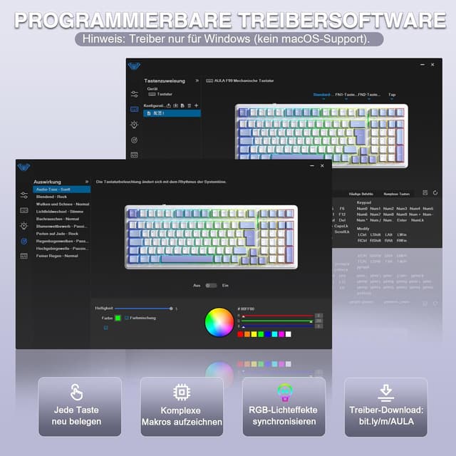 Detalle 2 de AULA F99 mechanische Gaming-Tastatur (kabellos) mit QWERTZ, Hot Swap, BT5.0/2,4 GHz/USB-C und RGB