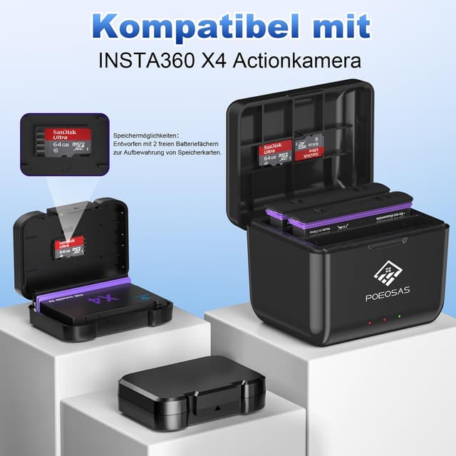 Detalle de POEOSAS 360 X4 Akku für Insta360 X4 – 2er-Set 2500 mAh + 3-Kanal USB‑C Schnellladegerät