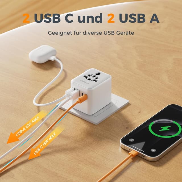 Detalle 2 de TESSAN Reiseadapter Weltweit mit 3 USB‑A & 1 USB‑C 🔌
