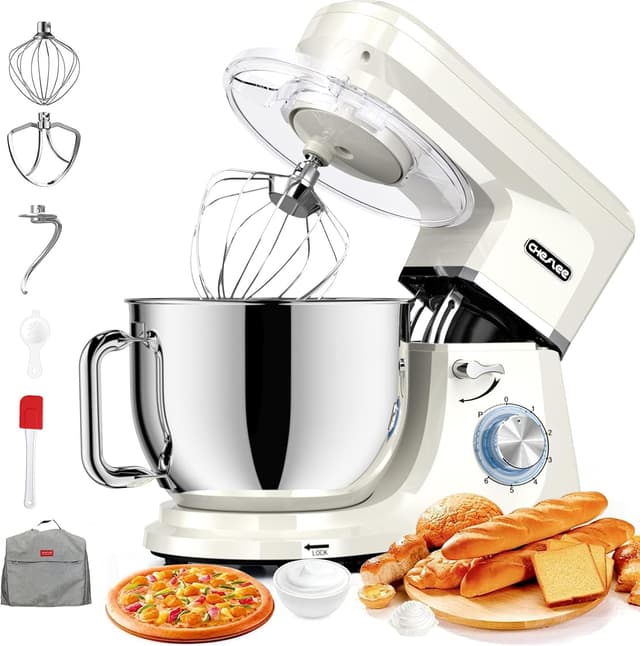 Detalle de CHeflee Robot pâtissier 2000 W 8 L avec 6 vitesses et accessoires (bol inox, fouet, batteur, crochet)