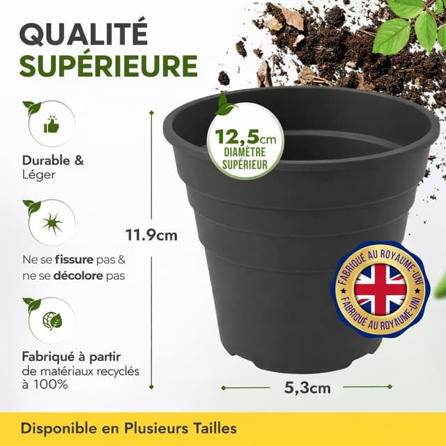 Detalle de Happy Pots lot de 10 pots de fleurs en plastique recyclé 12,5 cm avec trous de drainage (noir)