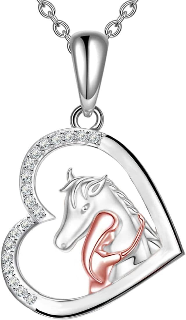 Detalle de Yuluzeln Pferdehalskette mit Herz-Anhänger für Mädchen und Erwachsene – versilbert, nickelfrei, mit Geschenkbox