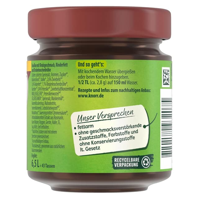 Detalle de Knorr Bouillon mit Rind im Glas – fettarme Brühewürze für kräftigen Geschmack (ergibt 6,5 Liter)