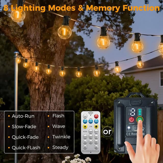 Detalle 2 de btfarm Solar Lichterkette außen mit Fernbedienung (8 m, 10+1 LEDs, G40, warmweiß, 8 Modi)