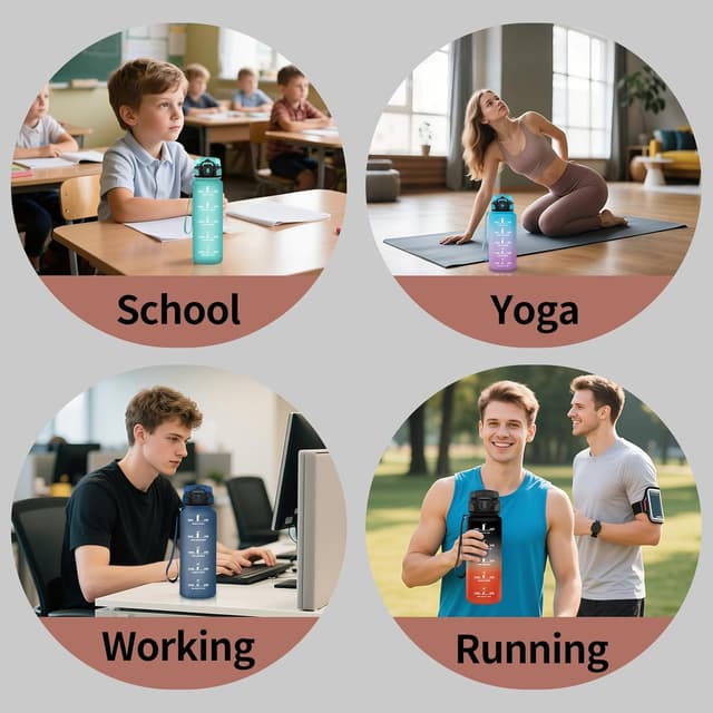 Detalle de Motswedi Gourde Paille 1500 ml sans BPA, étanche (noir & rouge) — idéale école et activités outdoor