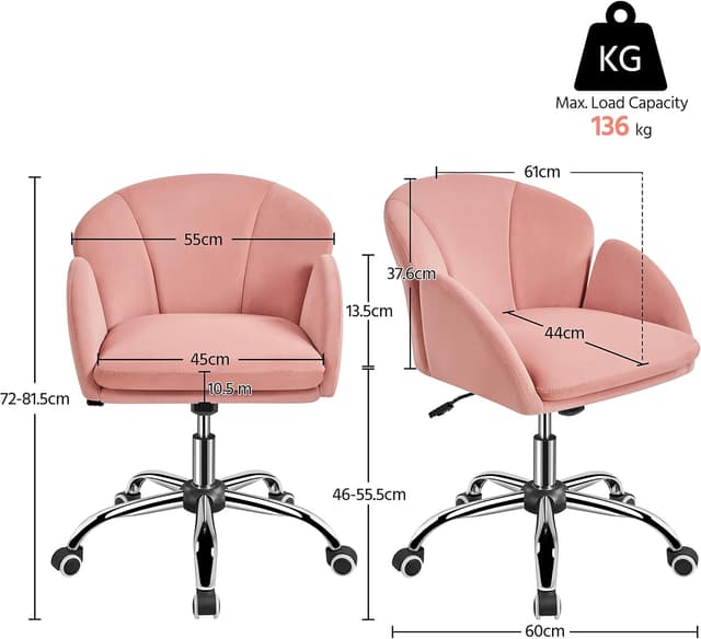 Detalle de Yaheetech sedia ufficio poltroncina in velluto imbottita reclinabile rosa chiaro, altezza regolabile con ruote