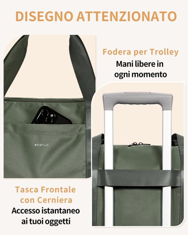 Detalle de ECOHUB Bagaglio a Mano Easyjet 45x36x20 30L: borsa pieghevole da cabina con tasca impermeabile (verde)
