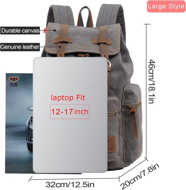 Detalle de AUGUR High Capacity Canvas Vintage Backpack for 12–17 inch laptops