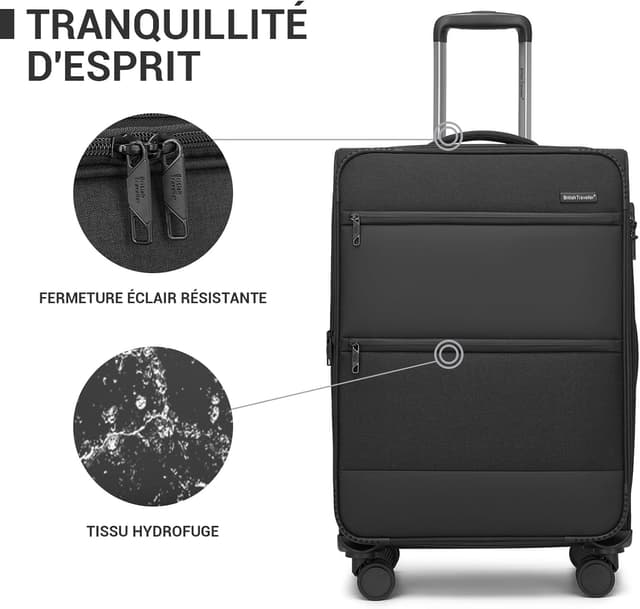 Detalle de British Traveller Valise Soute extensible moyenne 68 L (68,5 x 44 x 28,5 cm) 4 roues 360° avec serrure TSA, noir