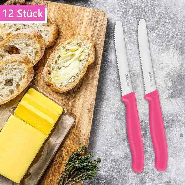 Detalle 2 de OPOLIA Tafelmesser-Set (12-teilig) mit Wellenschliff – Frühstücks-, Brötchen- und Tomatenmesser in Pink