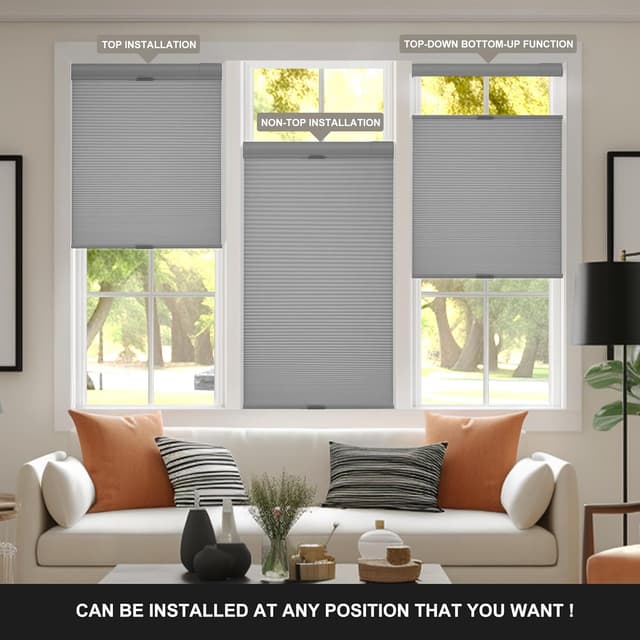 Detalle de Boolegon No Drill No Tools Cellular Shades (Top Down Bottom Up) — Cordless Blackout-Light Gray, 34" W x 64" H