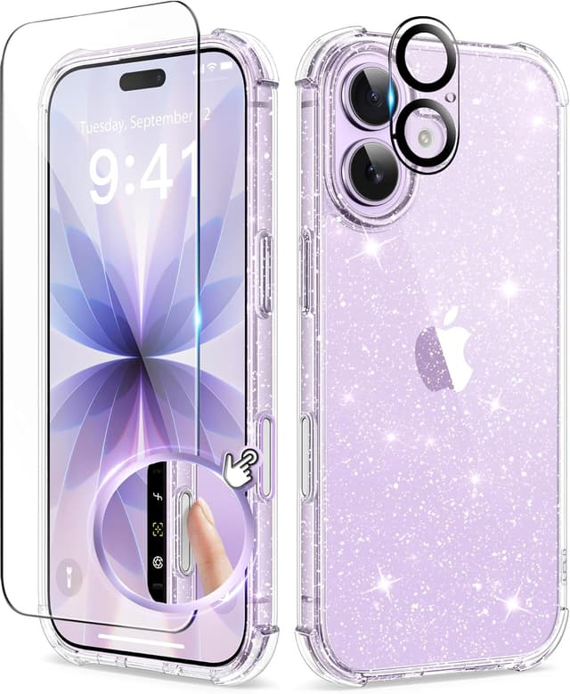 Detalle de BERFY for iPhone 17 Women’s Clear Glitter Case (Sparkle Clear) with Screen & Camera Lens Protectors, 6.3