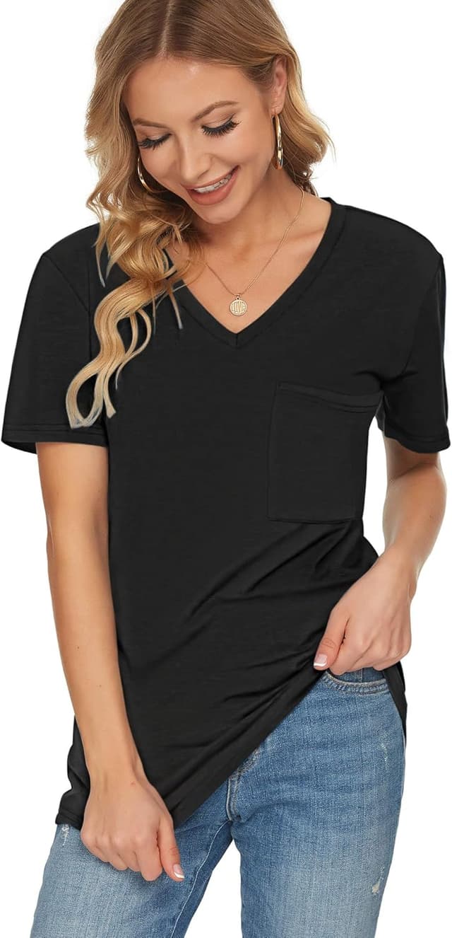 Detalle de MOLERANI t-shirt femme à col en V ample, manches courtes, poche latérale (tissu extensible)