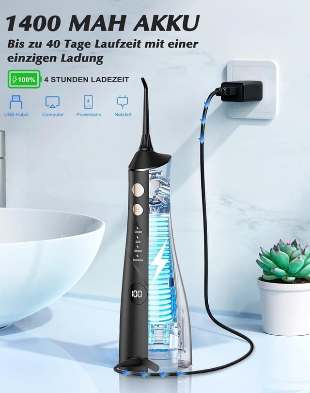 Detalle 2 de Hsweeth kabellose Munddusche (elektrisch) mit digitaler Anzeige, 5 Jet-Tipps & 4 Modi – IPX7 wasserdicht