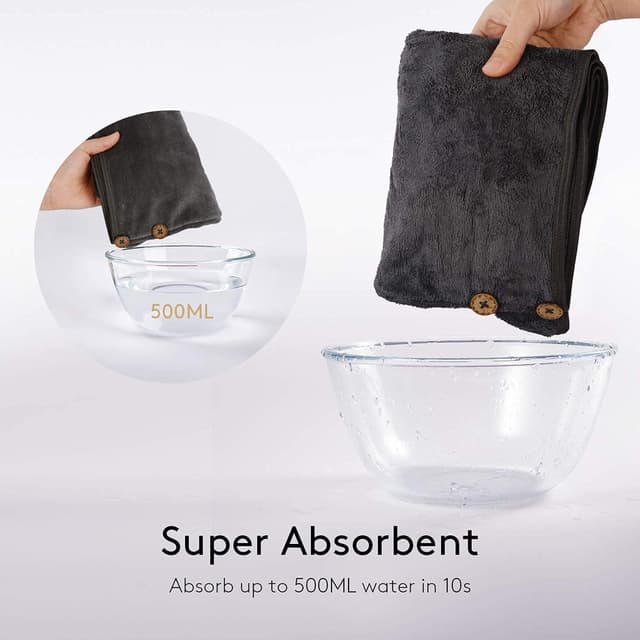 Detalle de KinHwa XL Turban-Handtuch mit Knopf aus Mikrofaser, 30 x 70 cm – 2er-Pack, grau