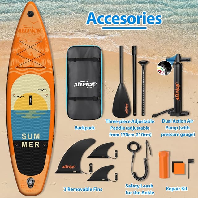 Detalle de ALLPICK Premium SUP-Board Set (aufblasbar) mit universalem Kamerahalter, 3-teiligem verstellbarem Paddel und Zubehör bis 200 kg
