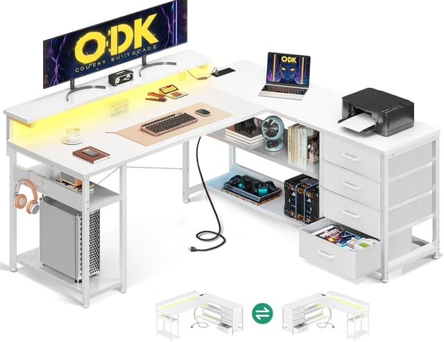 Detalle de ODK Corner Desk with Drawers (L-Shaped, Reversible) with LED Lights, Monitor Shelf & Power Outlets – White, 135×110 cm