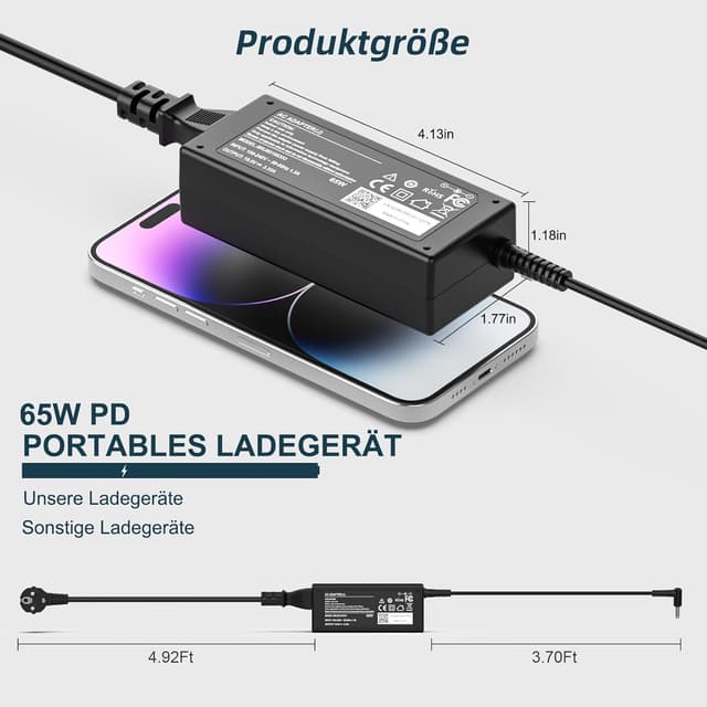 Detalle de HP Laptop Netzteil 65 W 19,5 V / 3,33 A (4,5 x 3,0 mm) – kompatibel mit vielen HP Modellen