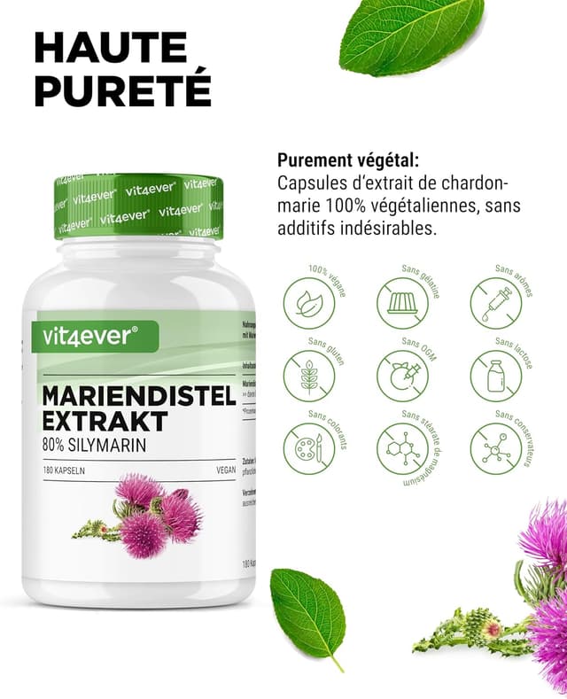 Detalle de vit4ever Extrait de Chardon-Marie – 180 gélules véganes (500 mg) avec 80% de silymarine