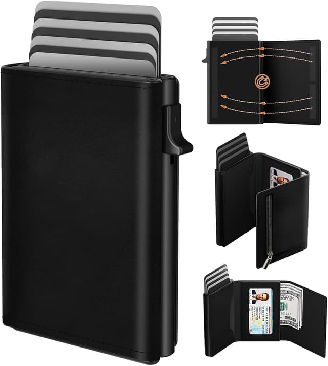 Detalle de Men’s Wallet Credit Card Holder with Pop-up Card Case, RFID Blocking & Coin Pocket (Top Grain Leather + 6063 T5 Aluminium)