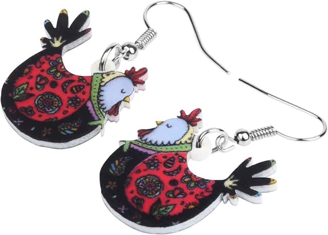 Detalle 2 de DOWAY Cute Huhn/Henne Hahn Ohrringe aus Acryl – bunte baumelnde Hühner-Designs für Party & Geschenke