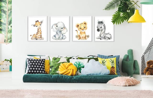 Detalle de artpin® 4er-Set Bilder Babyzimmer Deko (DIN A4) – Tiere im Dschungel/Safari-Look