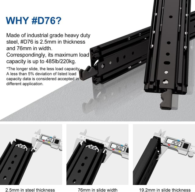 Detalle de VADANIA 1100mm Ultra Heavy Duty Drawer Runners with Lock (Black) #D76 – Full Extension Side Mount, 130–220kg