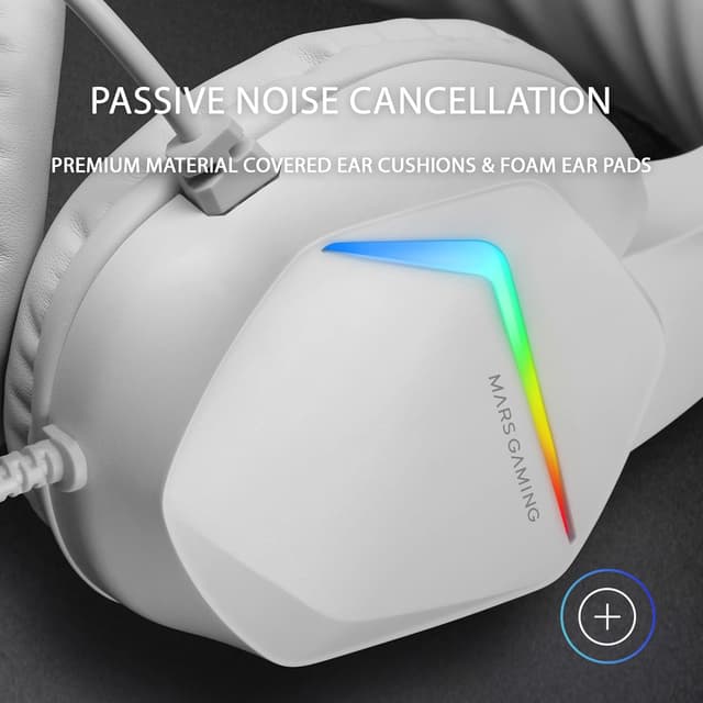 Detalle de Mars Gaming MH122W – Over-Ear Gaming-Kopfhörer mit Mikrofon, FRGB und passiver Geräuschunterdrückung (weiß, Large)