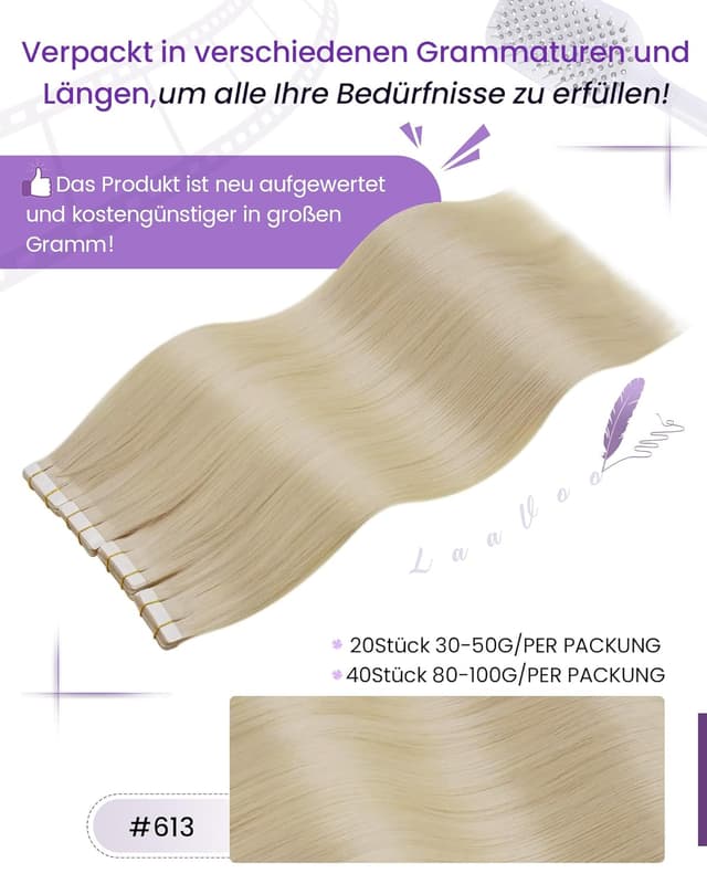 Detalle de LaaVoo Echthaar Tape Extensions Hellblond (Remy) #613 – 20 Stück, 45 cm, 50 g