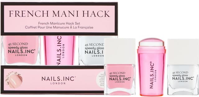 Detalle de Nails Inc 45 Second Speedy Gloss French Manicure Hack Set (Pink) – No Chip, Quick Dry, Silicone Stamper (3-piece)