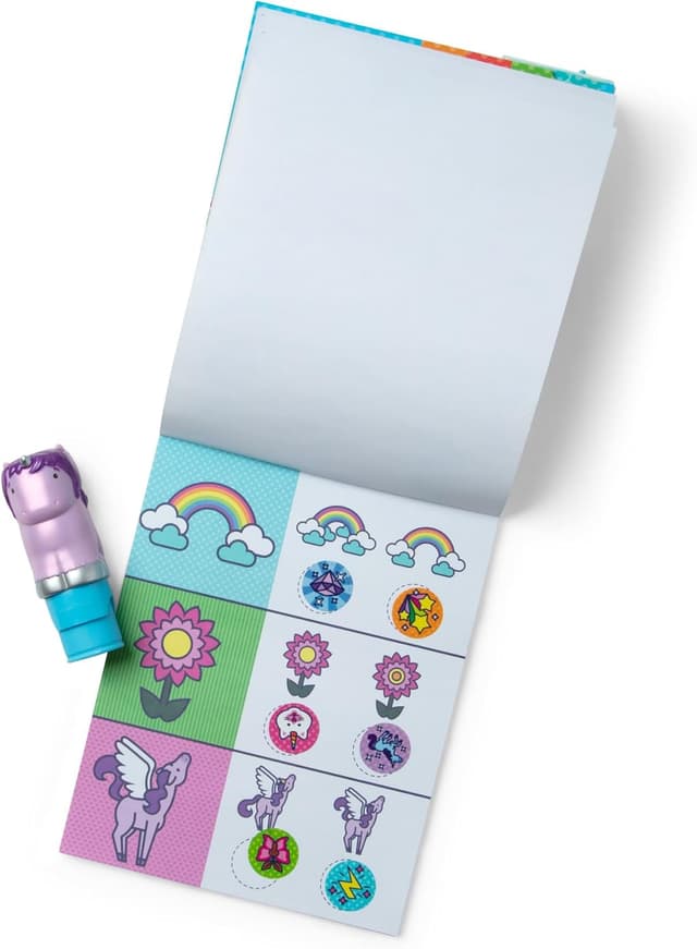 Detalle de Melissa & Doug Sticker Wow 24-seitiger Aktivitätenblock mit Aufkleberstempeln (Glitzer-Einhorn) – 300 Sticker