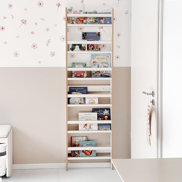 Detalle 2 de MAMOI libreria Montessori per bambini in pannello a base di legno, cassetta porta libri e mensola da parete