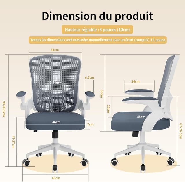 Detalle de naspaluro Chaise de bureau ergonomique grise foncée à accoudoirs rabattables et dossier pivotant 360°