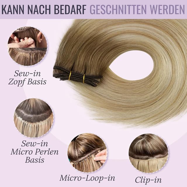 Detalle de Fshine Echthaar Haarverlängerung als Tressen zum Einnähen – 45 cm / 100 g, Honigblond (Farbe 6 27 60)