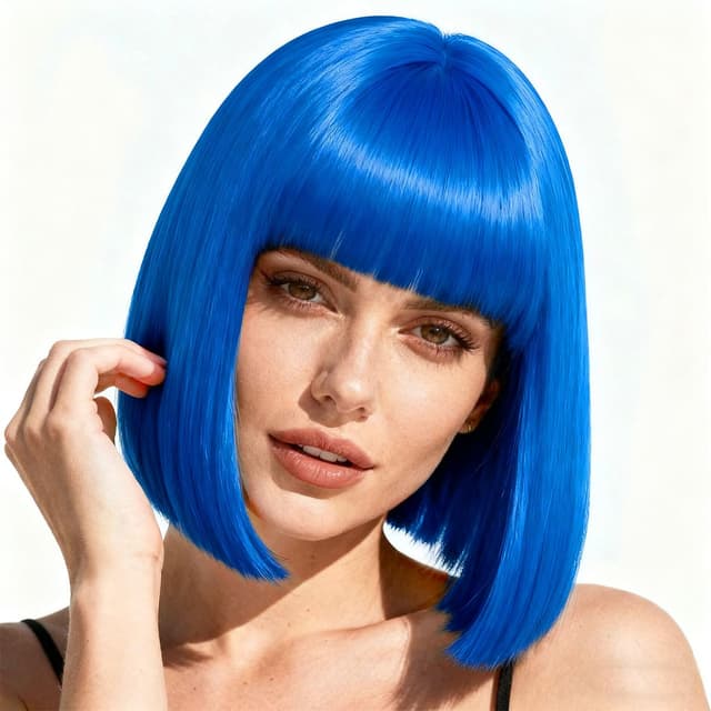 Detalle de PARXITN Bob-Perücke mit Pony in Blau – Synthetikhaar, ca. 28 cm Schulterlänge, gewellt