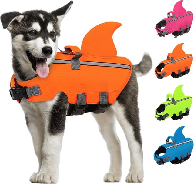 Detalle de AOFITEE Schwimmweste für Hunde „Hai“ (mittel, verstellbar, Orange) mit Rettungsgriff