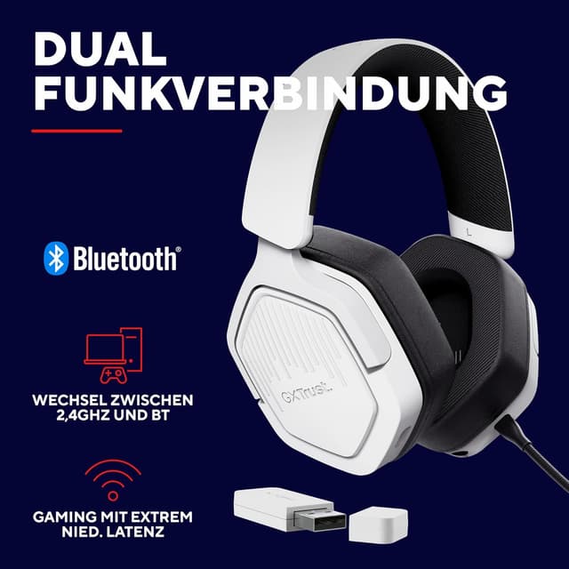 Detalle de Trust Gaming GXT 1493W Ravox Wireless Gaming Headset (Bluetooth + 2,4 GHz) mit Mikrofon, 50-mm-Treibern, bis zu 70 Std. Akkulaufzeit – Weiß