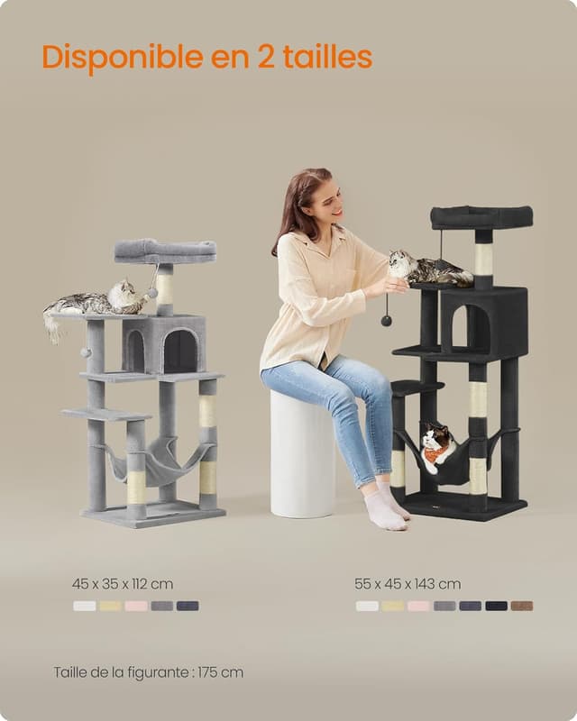 Detalle de Feandrea Arbre à chat 143 cm PCT161B01 : tour à griffer avec 2 plateformes, 1 cueva et hamac