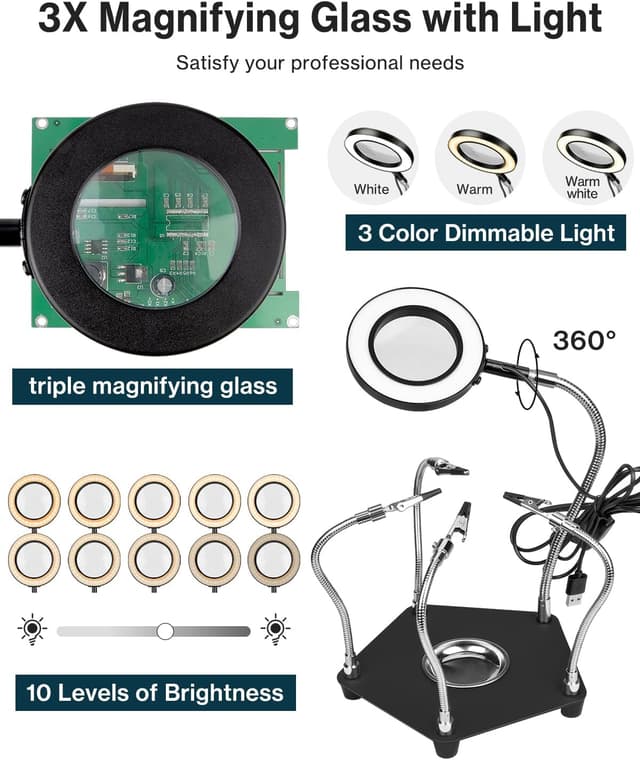 Detalle de Lytool Troisième main à souder avec lampe loupe 3X LED à intensité variable et 4 bras support