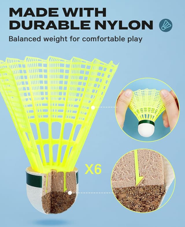Detalle 2 de AboveGenius badminton rackets set for outdoor backyard games (4/6 rackets + nylon shuttlecocks)