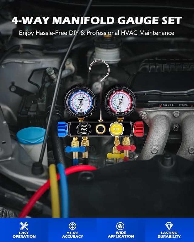 Detalle 2 de Orion Motor Tech 4-Way AC Gauge Set for R410a, R22 & R134a with 5 ft Hoses, Adapters & Can Tap