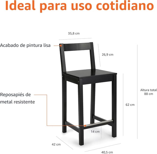 Detalle 2 de Amazon Basics Taburetes de madera negra con respaldo, 88 cm