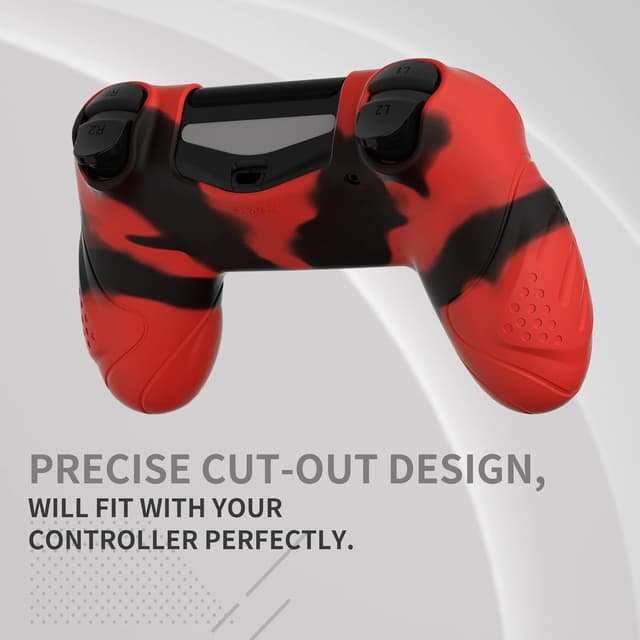 Detalle de PlayVital Guardian Edition ergonomic soft silicone case cover for PS4 Slim/Pro controller (Red & Black) with thumb grip caps